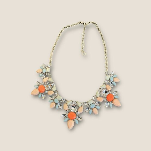 J Crew Coral Mint Peach Rhinestone Cabochon Chunky Statement Necklace Gold Tone - Picture 2 of 4